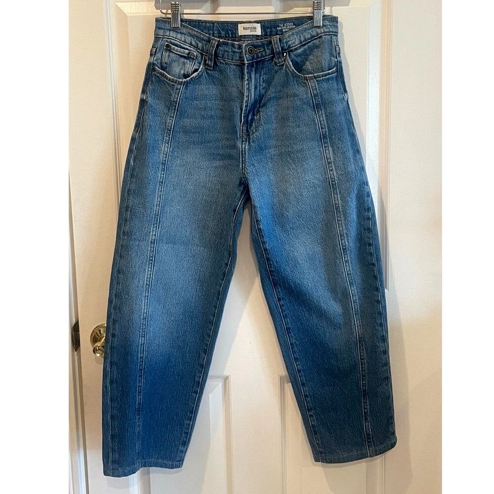 Kensie Front Seam Barrel Leg Jeans High Waisted Curved Leg Size 4